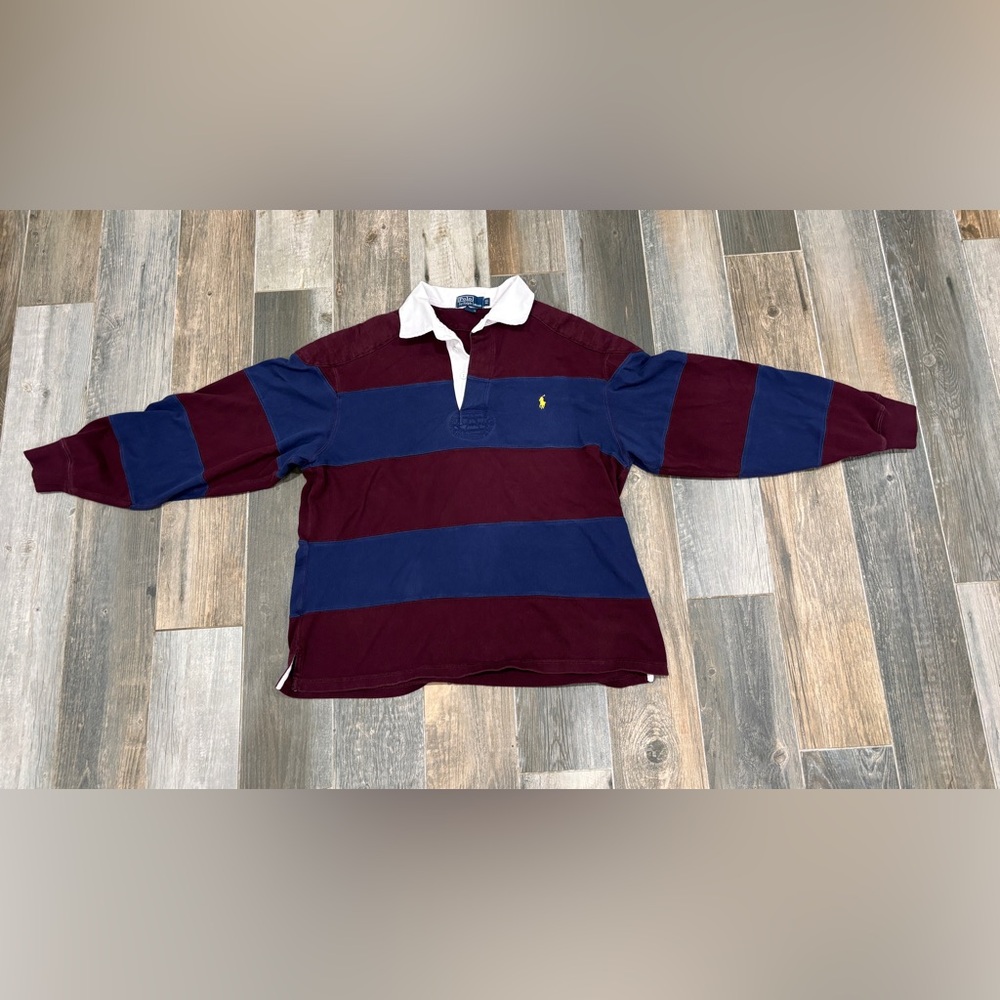 VINTAGE MEN S POLO RALPH LAUREN BURGANDY AND NAVY STRIPED RUGBY SHIRT 1XL BIG